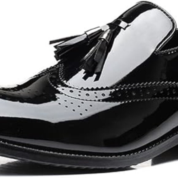 Santimon Men's US 8, 12 Black Patent Leather Wingtip Tassel Loafers Dress Shoes - Picture 4 of 12